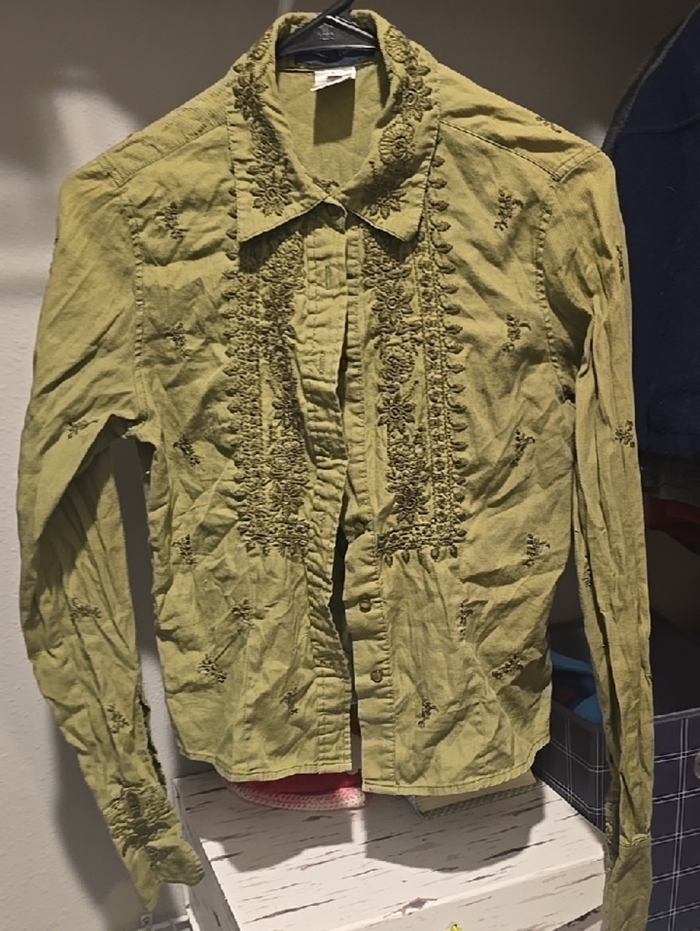 Women's Embroidered Olive Green Button-Up Shirt